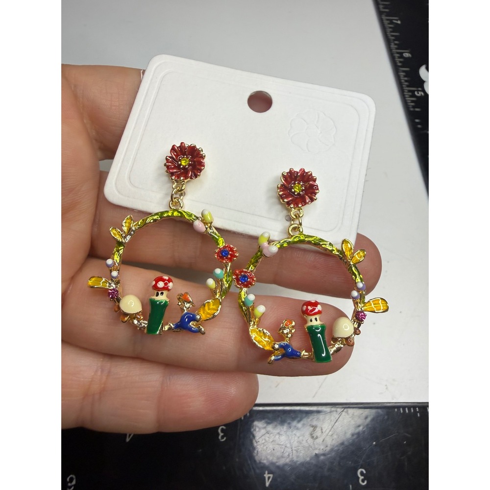 Mushroom Garden Enamel Wreath Hoop Earrings Gold Tone Floral Cottagecore Drop